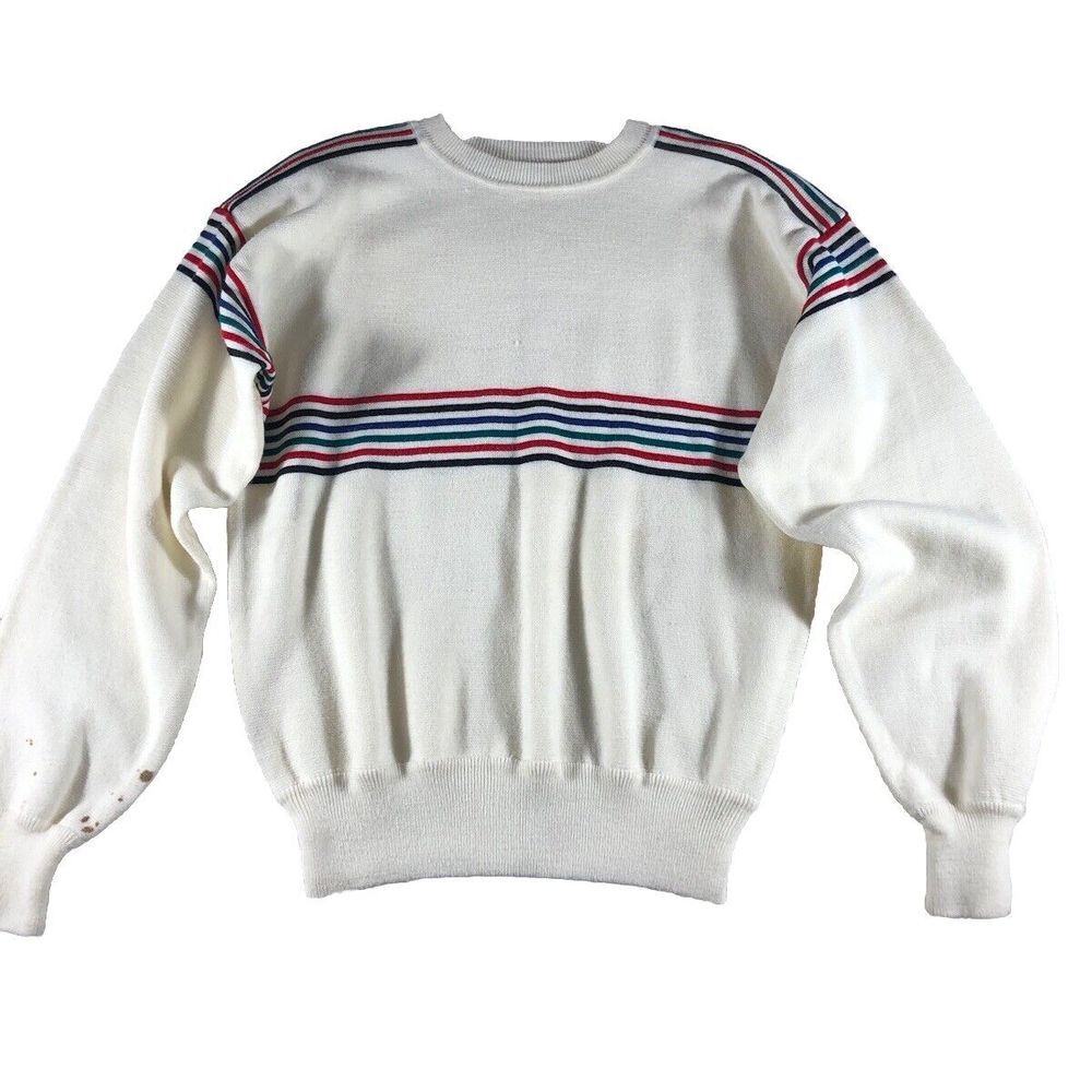 Vintage 80s Incline Sport Retro Striped Pattern Knit Ski Sweater Sz L Red White